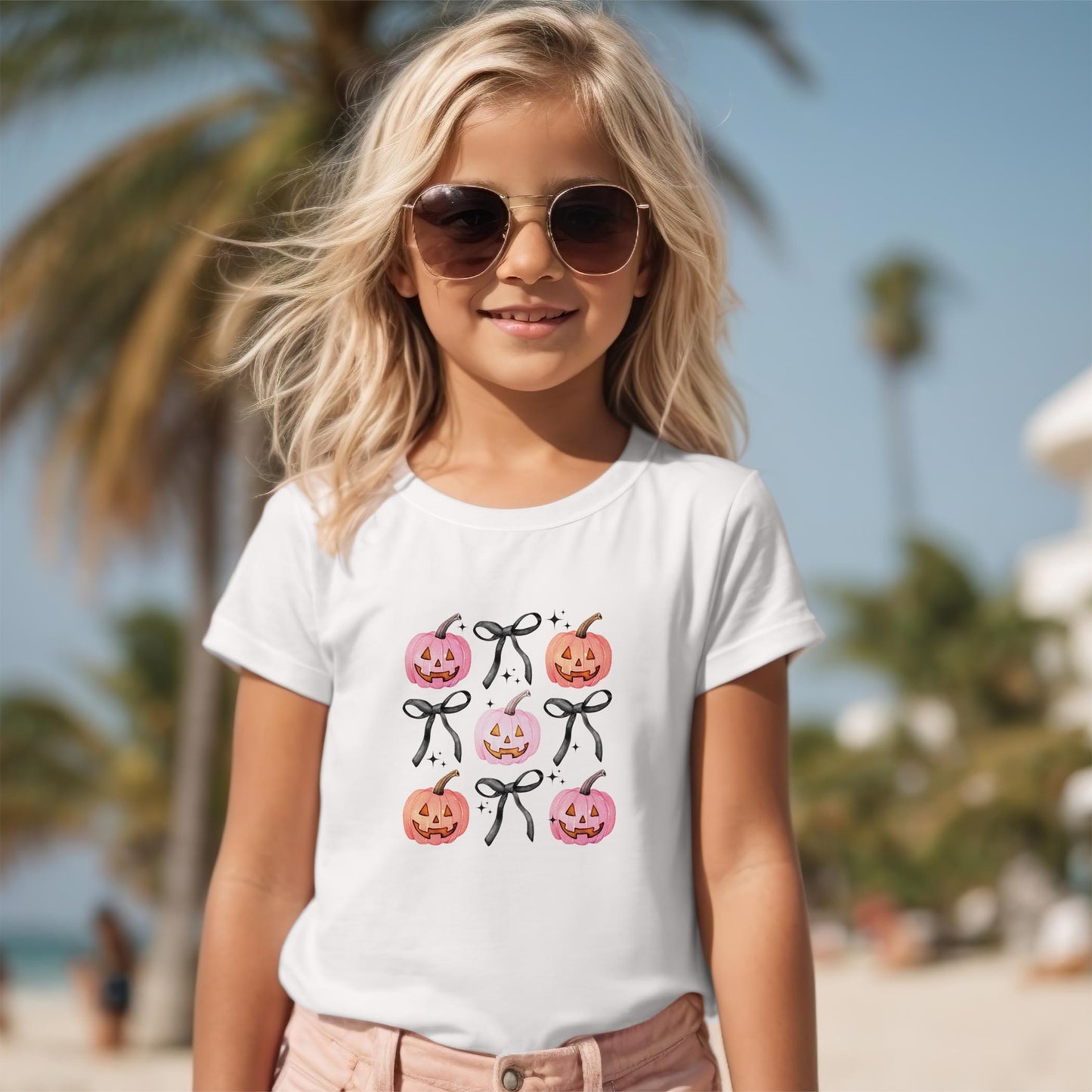 Bella Canvas Youth T-Shirt White-Halloween Pumpkins and Bows