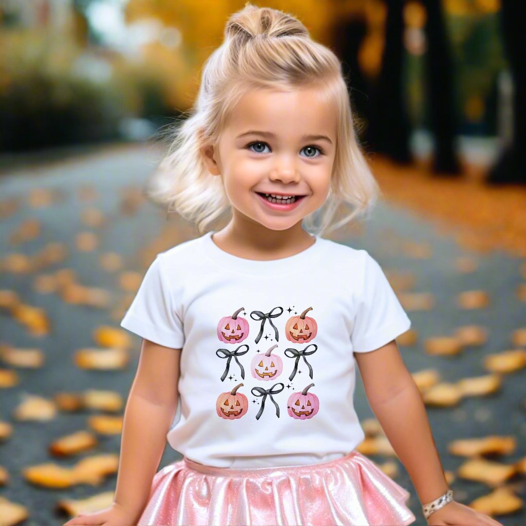 Bella Canvas Youth T-Shirt White-Halloween Pumpkins and Bows