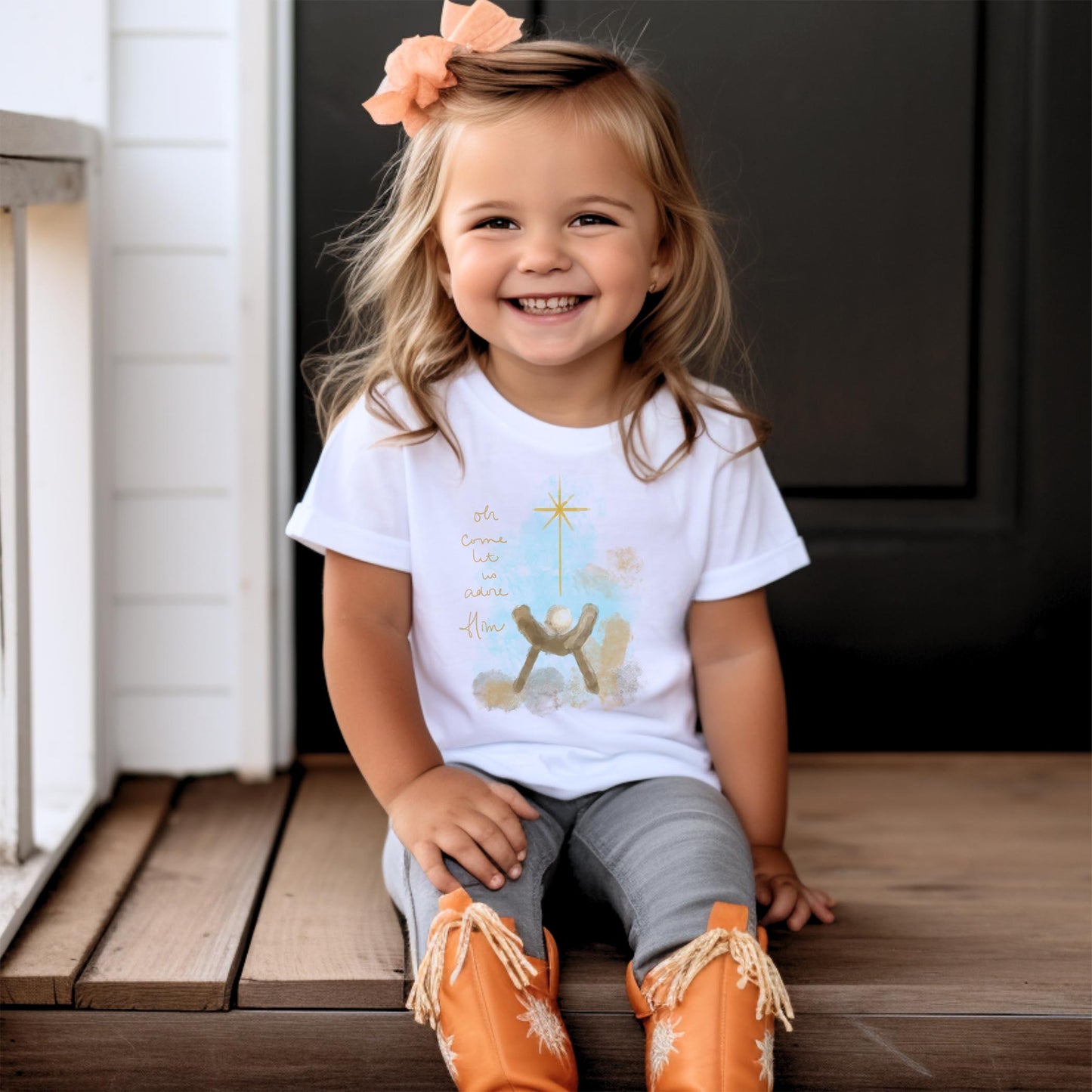 Bella Canvas Youth T-Shirt White-Let Us Adore Him Watercolor Manger