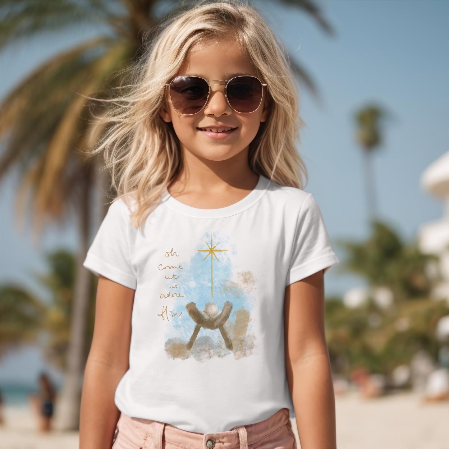 Bella Canvas Youth T-Shirt White-Let Us Adore Him Watercolor Manger