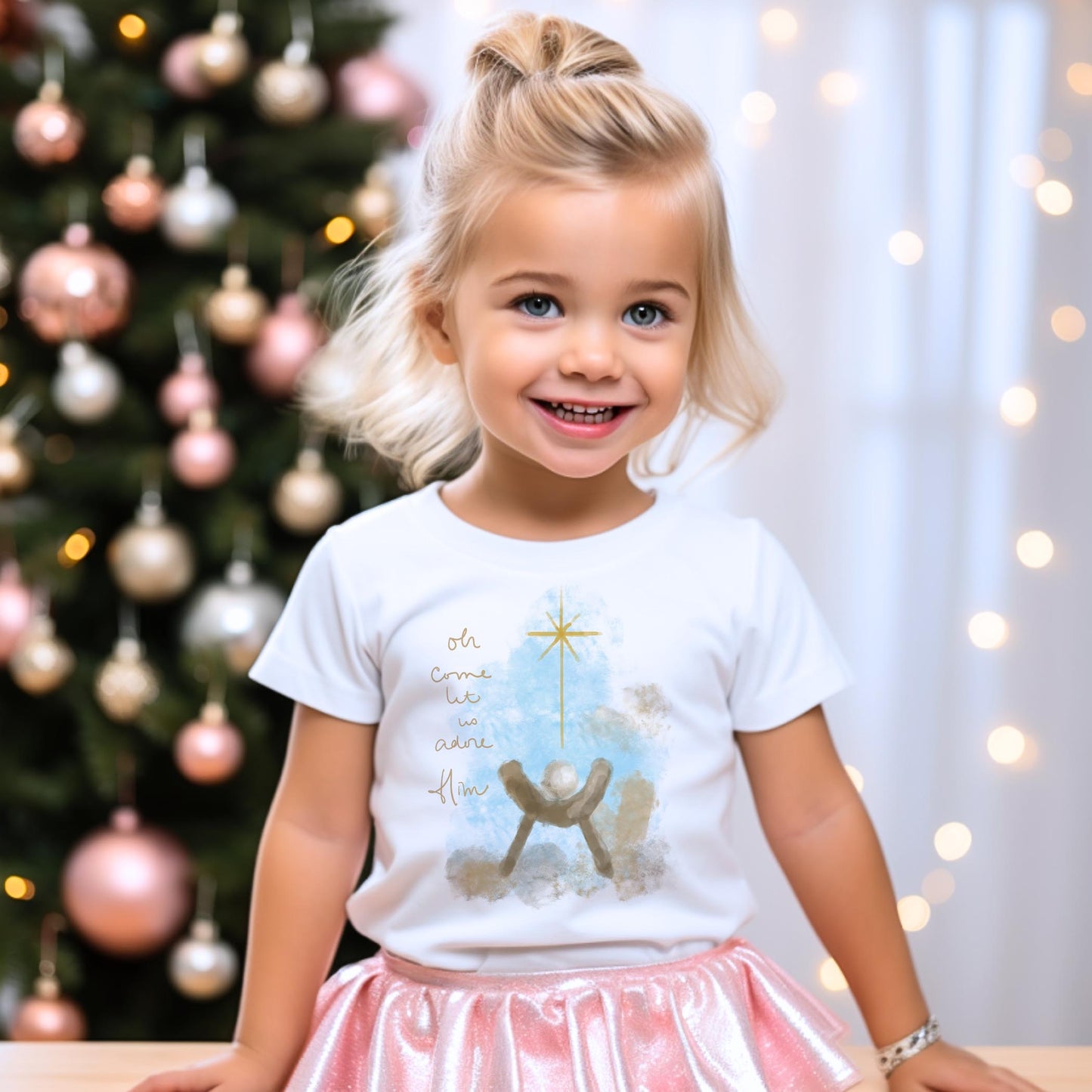 Bella Canvas Youth T-Shirt White-Let Us Adore Him Watercolor Manger