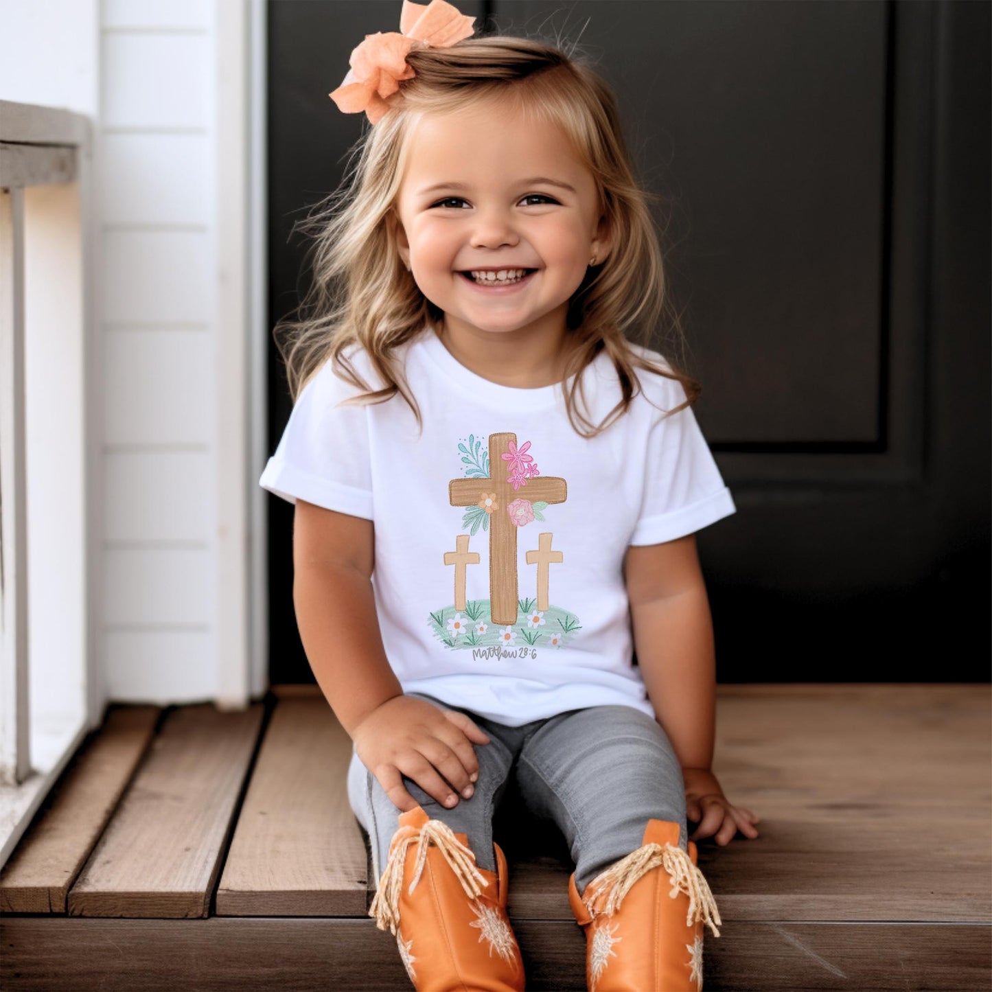 Bella Canvas Youth T-Shirt White-Floral Cross Matthew 28:6