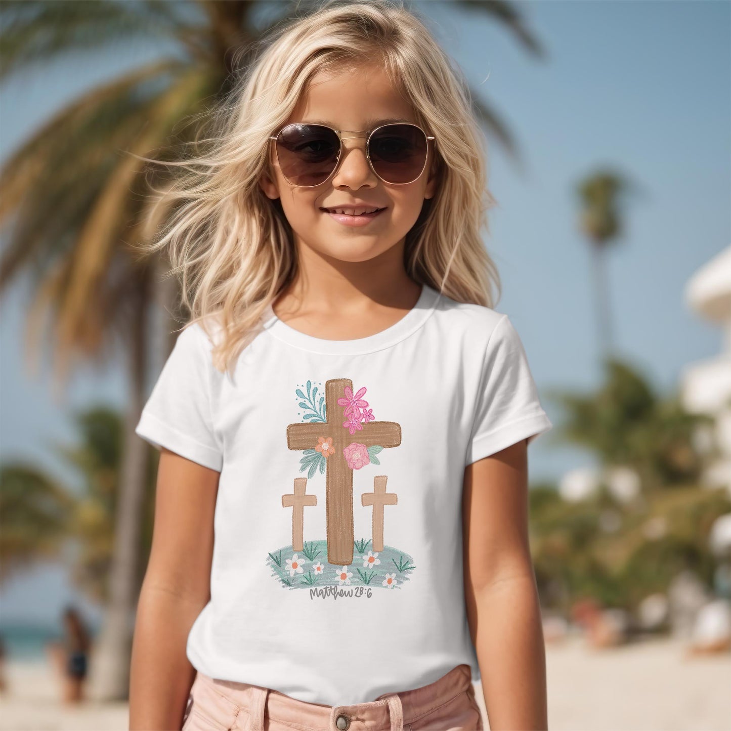 Bella Canvas Youth T-Shirt White-Floral Cross Matthew 28:6