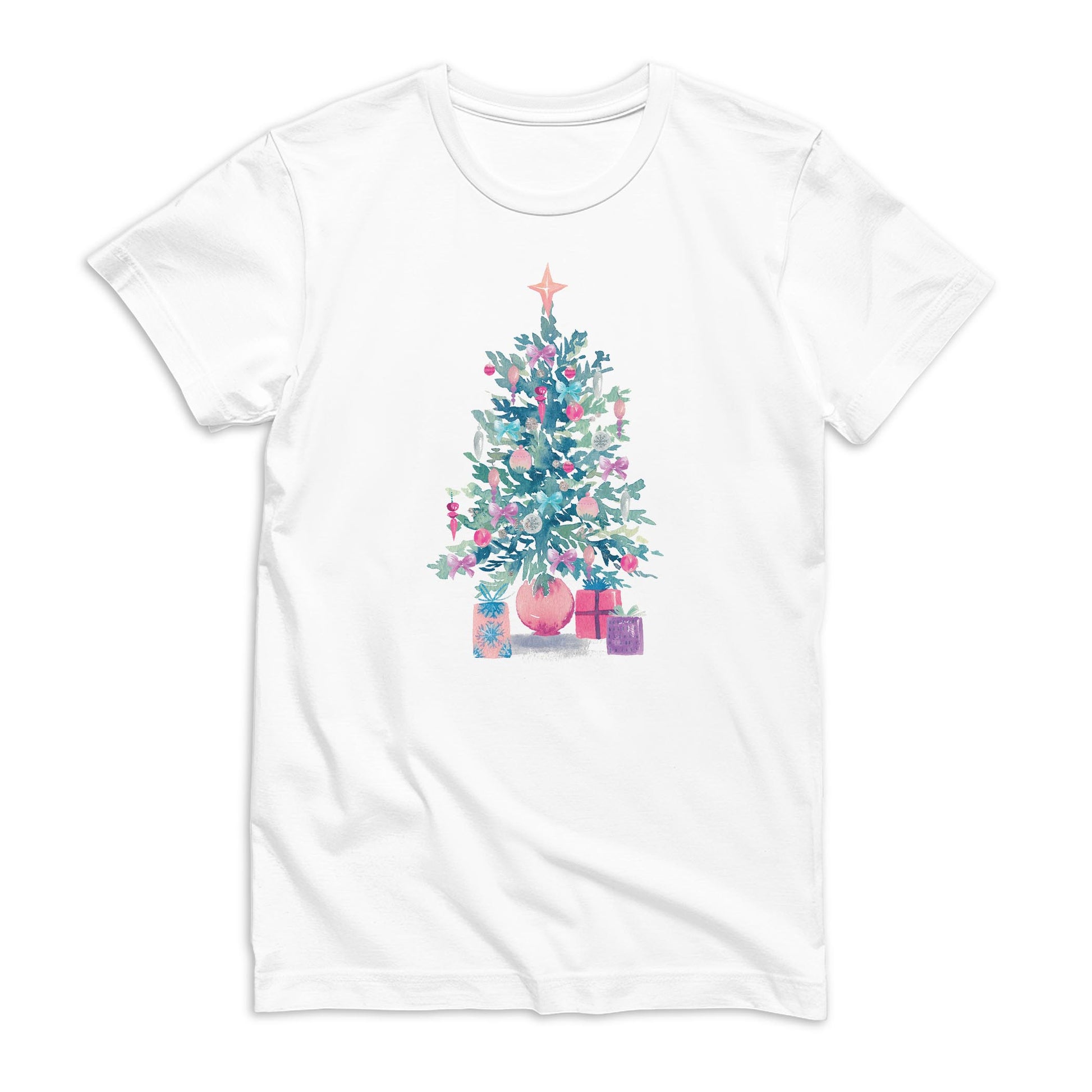 Bella Canvas Youth T-Shirt White-Watercolor Sugar Plum Christmas Tree -0