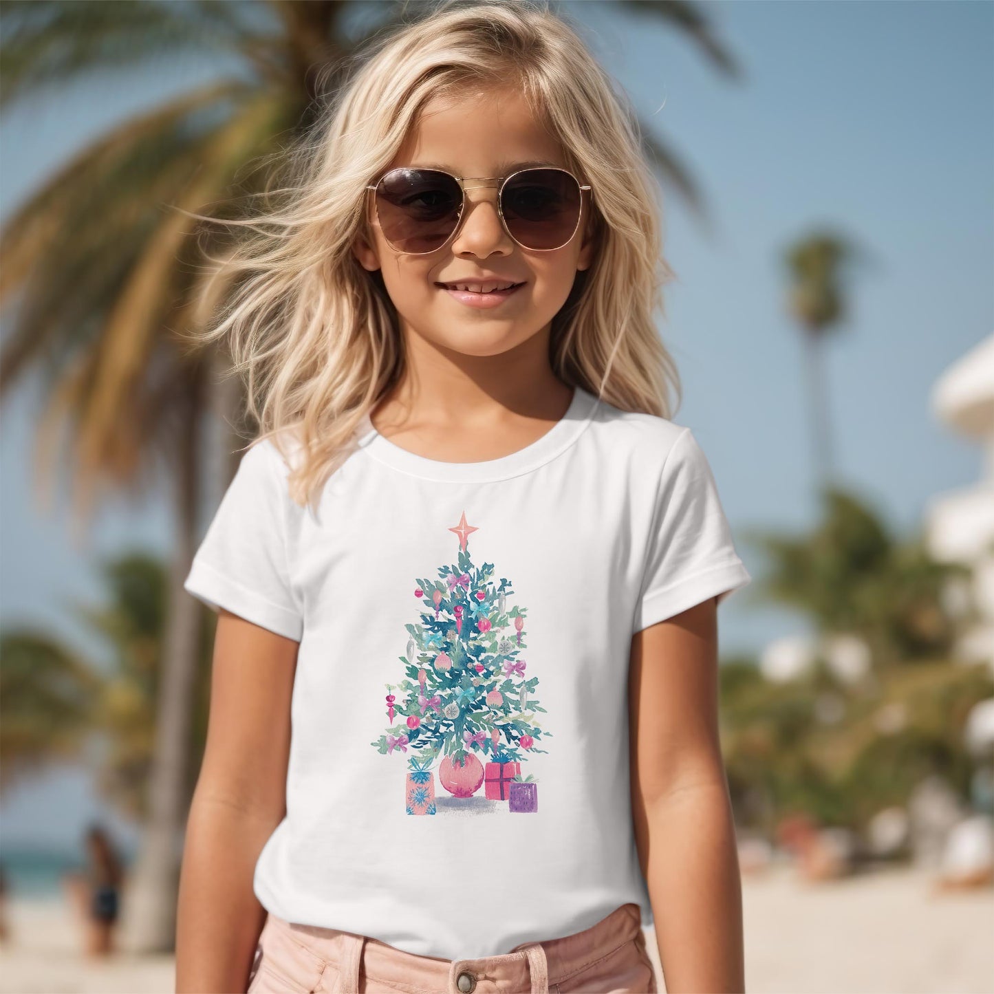 Bella Canvas Youth T-Shirt White-Watercolor Sugar Plum Christmas Tree -2