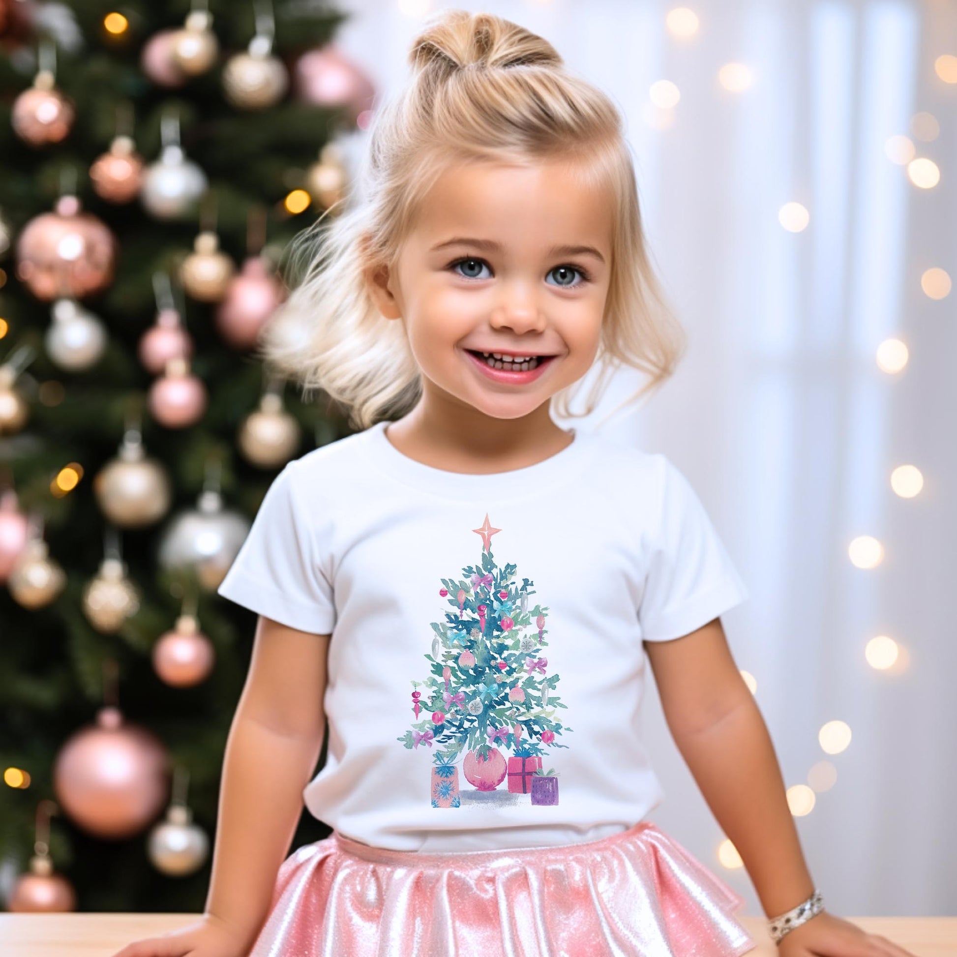 Bella Canvas Youth T-Shirt White-Watercolor Sugar Plum Christmas Tree -3