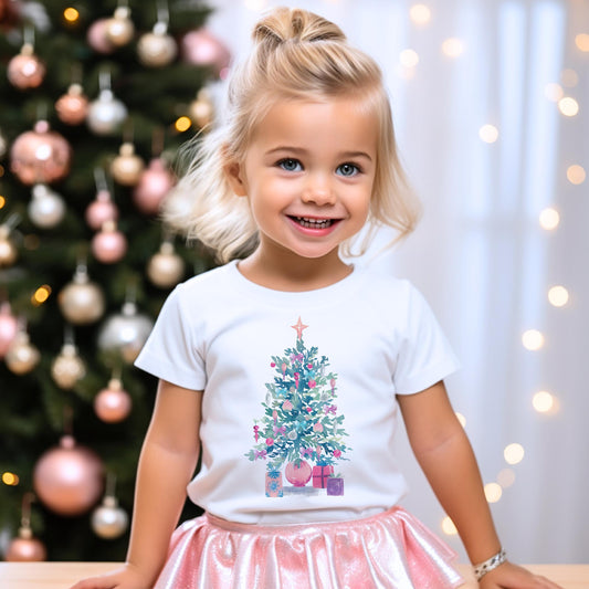 Bella Canvas Youth T-Shirt White-Watercolor Sugar Plum Christmas Tree -3
