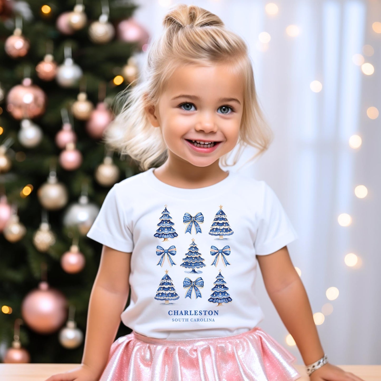 Bella Canvas Youth T-Shirt White-Love+Local Blue Noel - A Grand Millennial Christmas -3