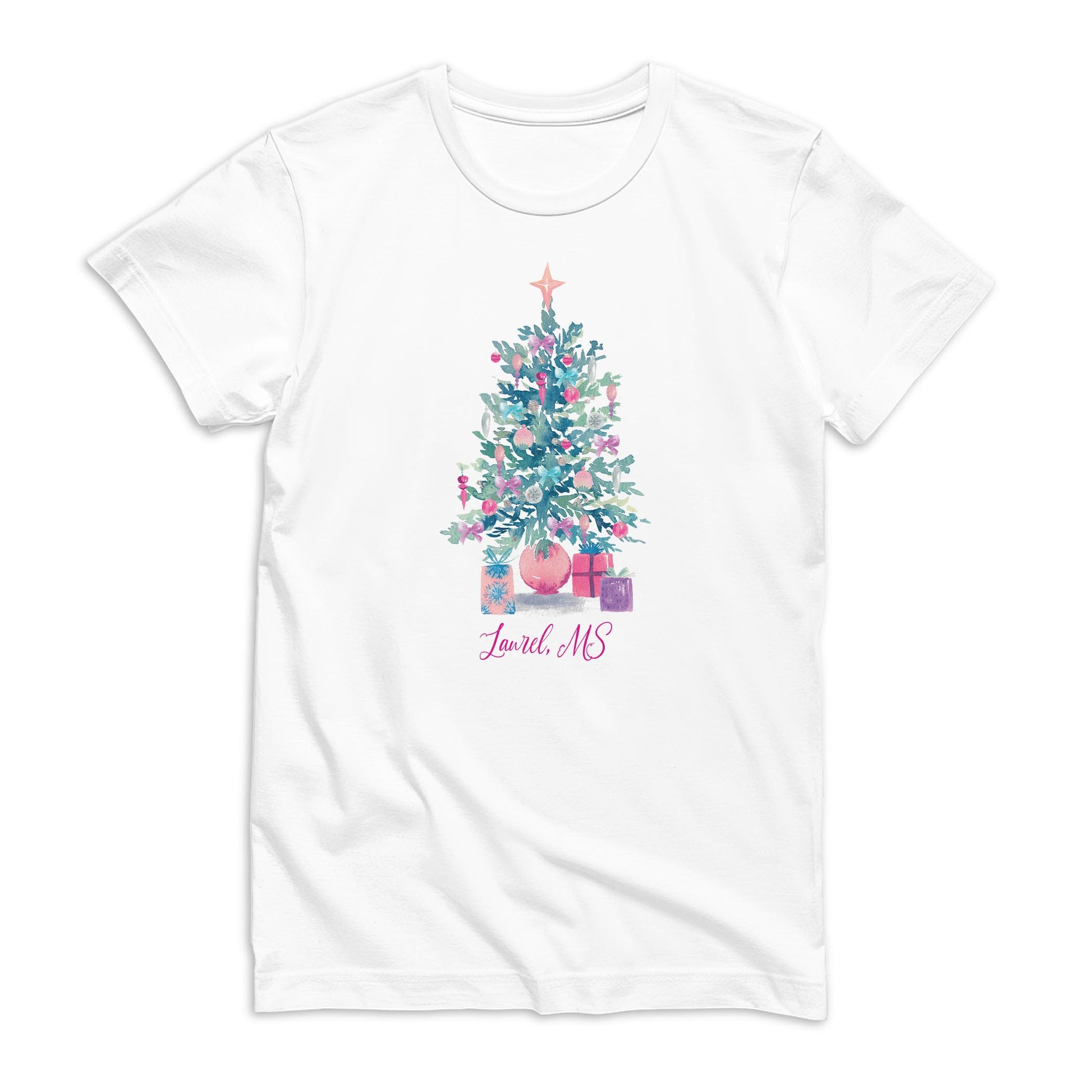 Bella Canvas Youth T-Shirt White-Watercolor Sugar Plum Christmas Tree -0