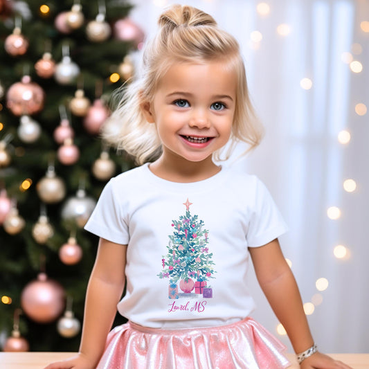 Bella Canvas Youth T-Shirt White-Watercolor Sugar Plum Christmas Tree -3