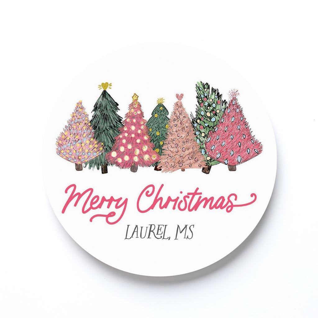 Love+Local Round Coaster | Pink Christmas Trees