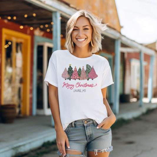 Love+Local Graphic T-Shirt | Pink Christmas Trees