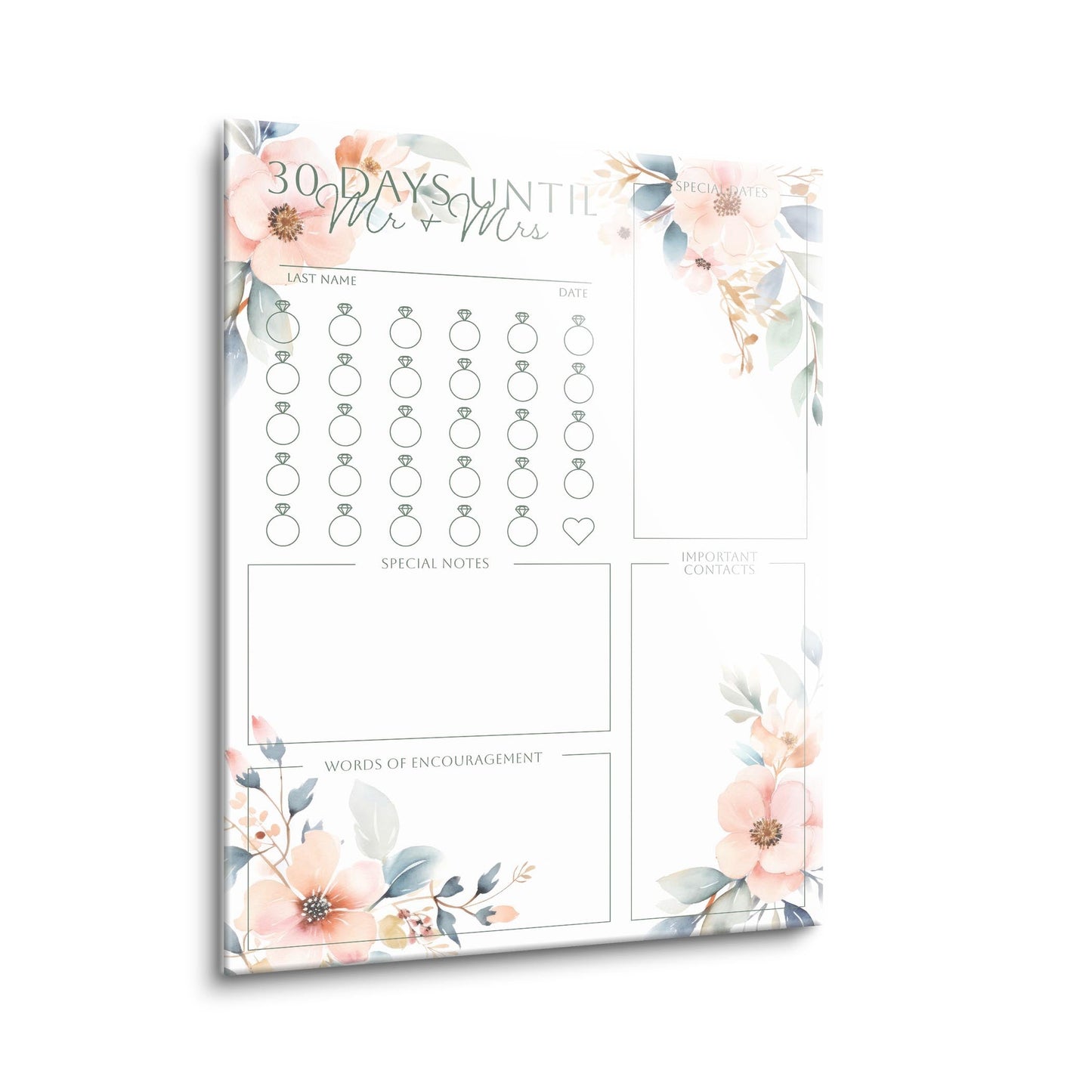 Floral Wedding Tracker On White Green Outlines | 12x16