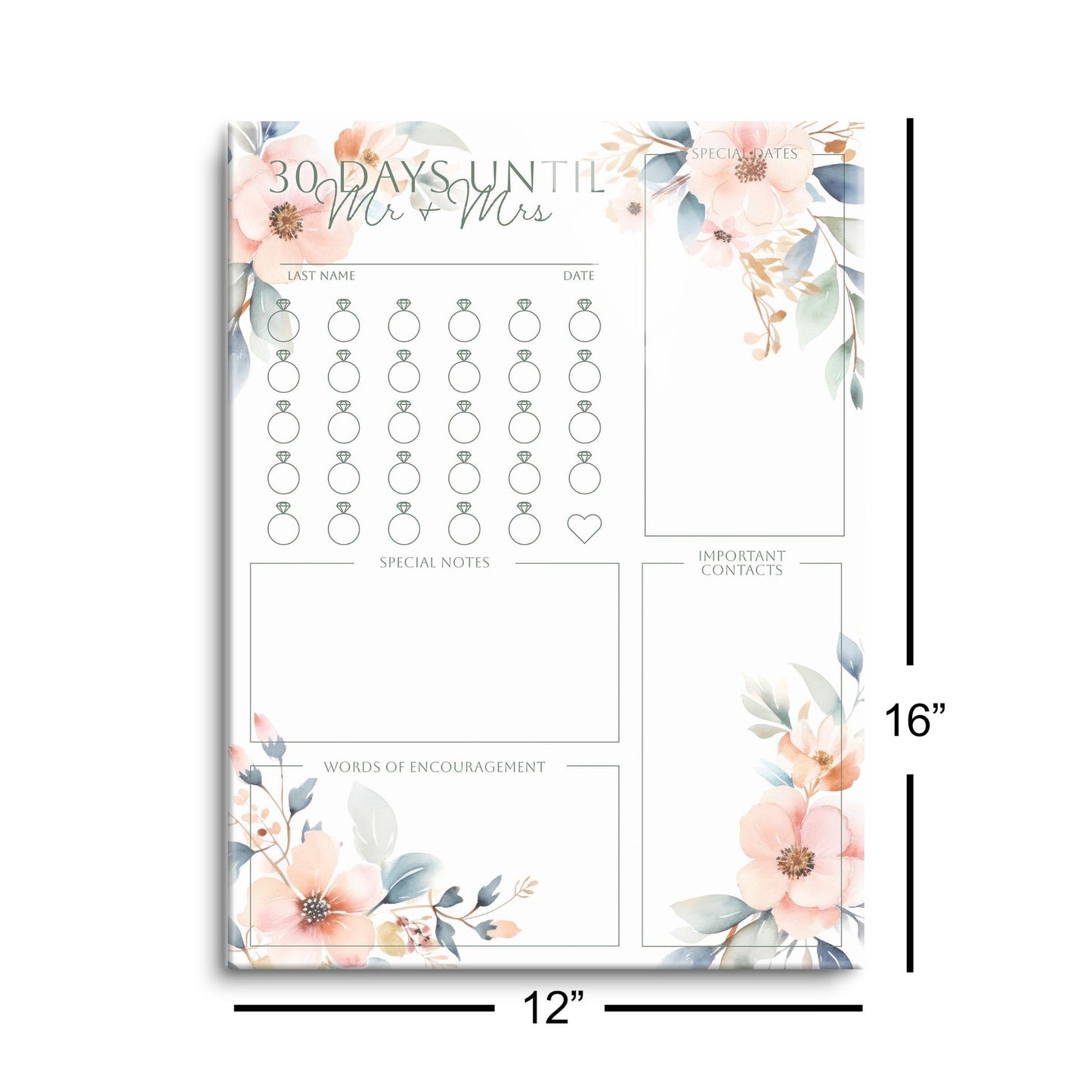 Floral Wedding Tracker On White Green Outlines | 12x16