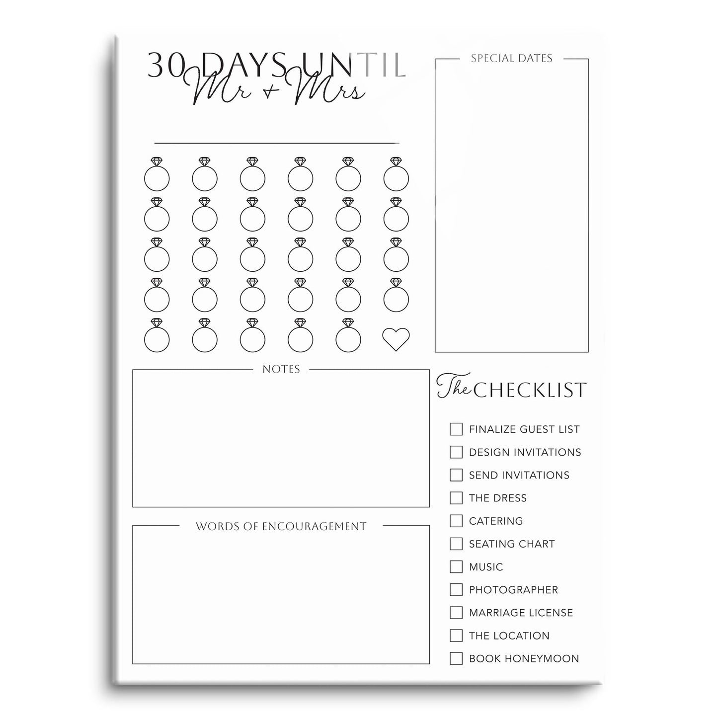 Minimalistic Wedding Tracker On White With List | 12x16